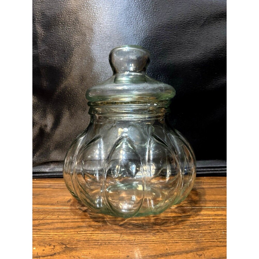 Vintage Glass Pumpkin Apothecary Jar 10" Large Green Tint Ribbed Fall Decor